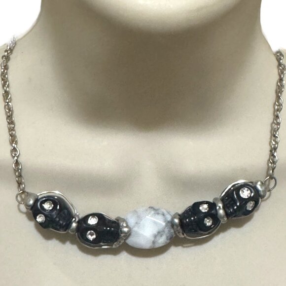 Artisan Necklace W/ Black Onyx Sugar Skulls, Swarovski Eyes & Marble Centerpiece - Picture 8 of 12